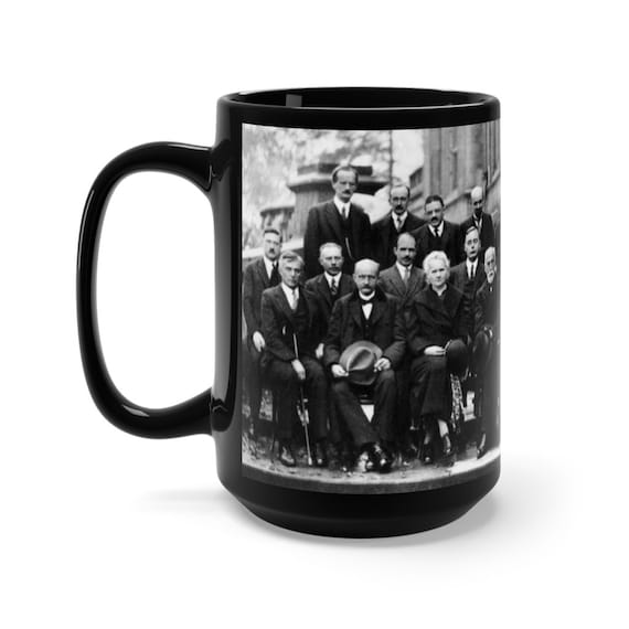 1927 Solvay Council Conference Black 15oz Ceramic Mug, Einstein, Bohr, Curie, Heisenberg, Schrödinger, Physics, Chemistry, Science