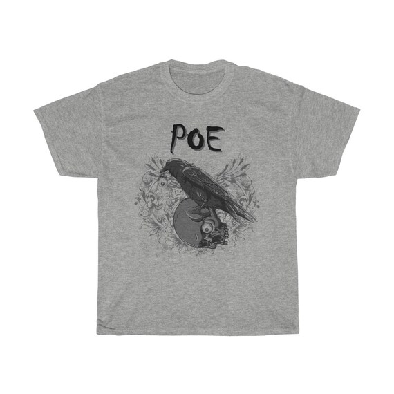 Poe Raven, Gray Unisex Heavy Cotton T-shirt, Inspired By Edgar Allan Poe