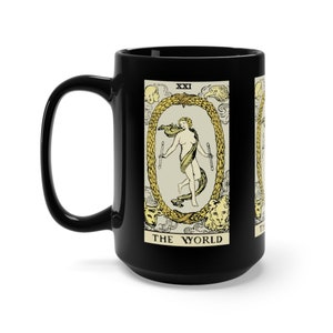 O mundo, caneca de cerâmica preta de 15 onças, carta de tarô, arcanos maiores, do baralho vintage Rider-Waite, café, chá