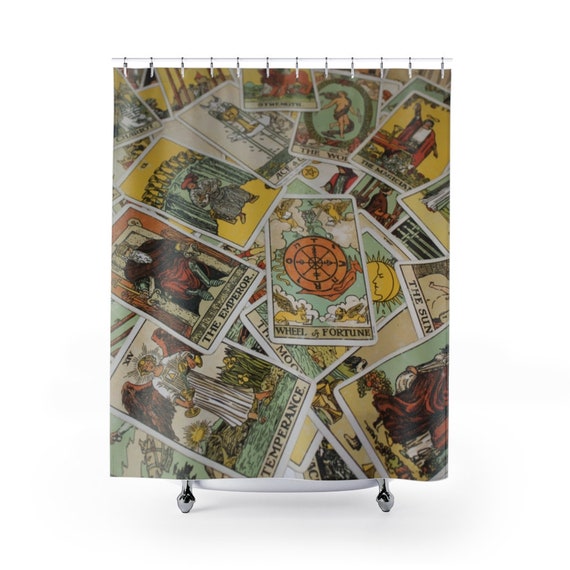 Tarot Card Shower Curtain Focusing On Wheel Of Fortune, Major & Minor Arcana From A Vintage Rider-Waite Deck