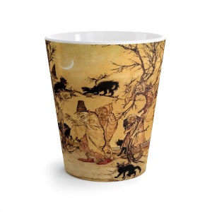 Black Cats & Witches, 12oz Latte Mug, Halloween, Vintage Illustration, Arthur Rackham, 1920, Witchcraft, Coffee, Tea