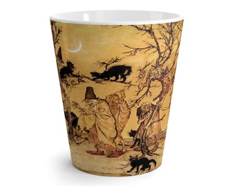 Black Cats & Witches, 12oz Latte Mug, Halloween, Vintage Illustration, Arthur Rackham, 1920, Witchcraft, Coffee, Tea