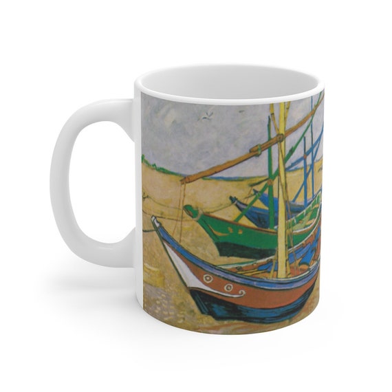 Fishing Boats On The Beach, White Ceramic Mug, 11oz & 15oz, Vincent Van Gogh, Coffee, Tea