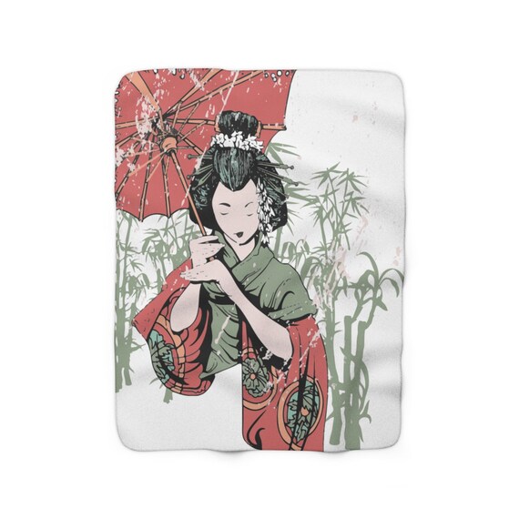 Japanese Woman With Parasol, 50"x60" Sherpa Fleece Blanket, Vintage Inspired