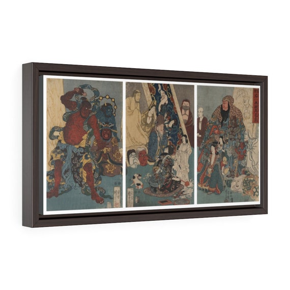 Ukiyo-e Triptych, 20"x10" Framed Canvas Print, Japanese Woodblock, Utagawa Kuniyoshi, Circa 1847, Room Decor