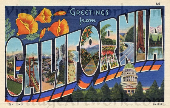 Greetings From California Postcard Front, Digital Download, Curt Teich & Co. Publisher,  1938, Americana