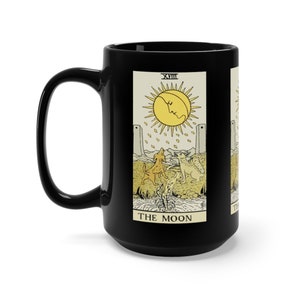 De maan, zwarte 15oz keramische mok, Tarot Kaart, Major Arcana, Van Vintage Rider-Waite Dek, Koffie, Thee