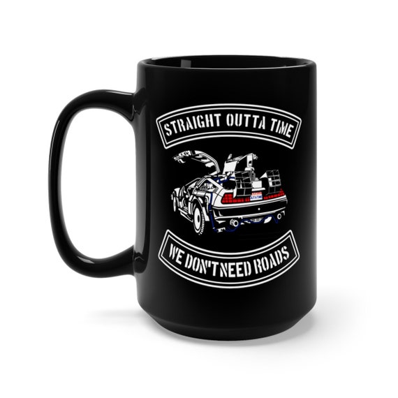 Outta Time DeLorean, 15 oz Black Ceramic Mug, Inspired from Back To The Future, Coffee, Tea