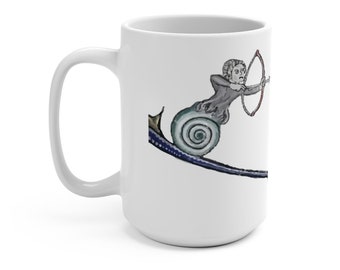 Medieval Rabbit Vs Snail Man White 15oz Ceramic Mug, From Medieval Manuscript, Marginalia, Coffee, Tea