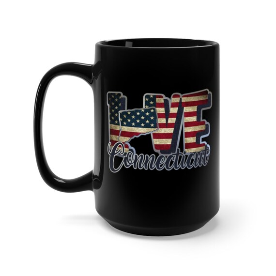 I Love Connecticut, Large Black Ceramic Mug, Vintage Retro Flag, American Flag, Patriotic, Patriotism, United States, Coffee, Tea