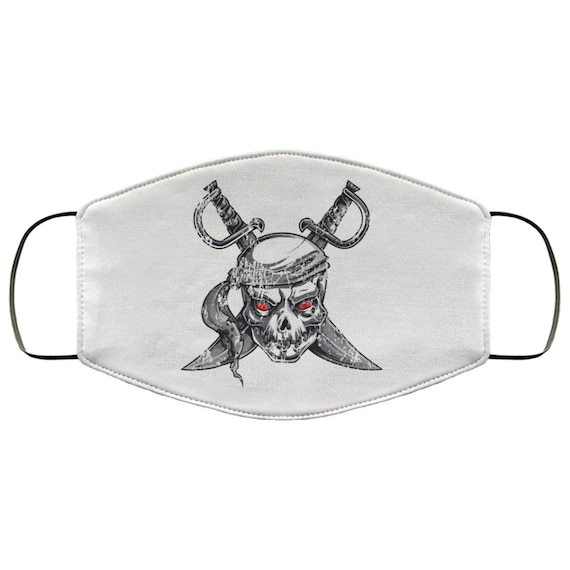 Grunge Pirate Skull, Large Face Mask, Breathable, Washable, Reusable, Crossed Cutlasses, Red Eyes, Distressed Image