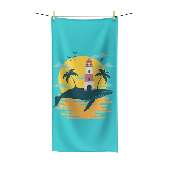 Turquoise Whale Island, Bath Towel, Vintage Inspired Image, Lighthouse, Gulls, Palm Trees