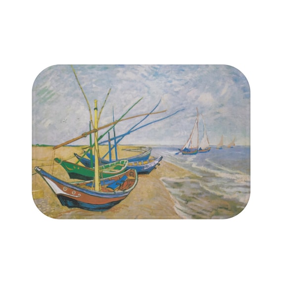 Fishing Boats on the Beach, Microfiber Bath Mat, Vintage Painting, Van Gogh 1888