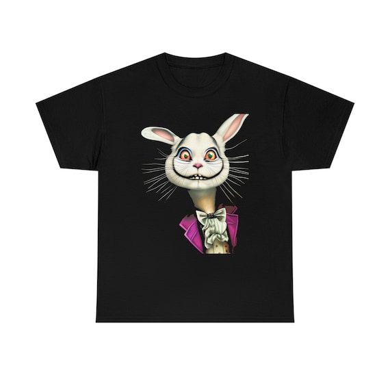 Portrait Of The Cheshire White Rabbit, 100% Cotton Black T-shirt, Alice In Wonderland, Cheshire Cat