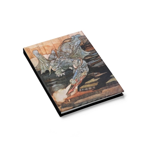 Here Be Dragons, Hardcover Journal, Ruled Line, Vintage Art Nouveau Illustration, Notebook