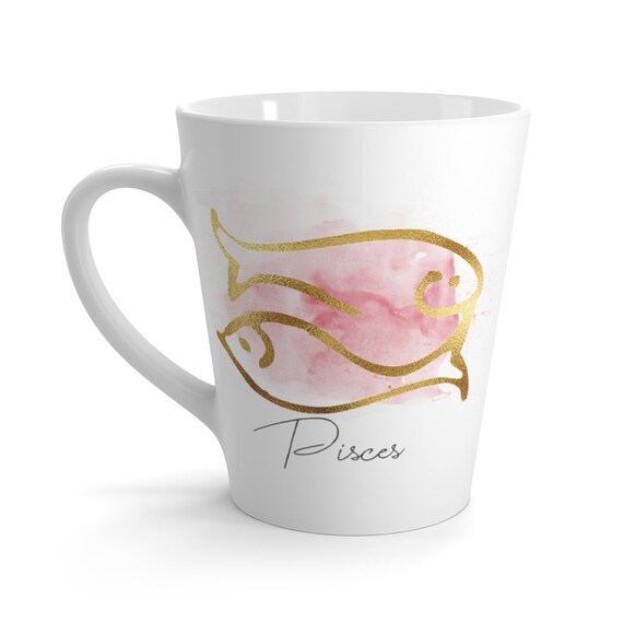 Pisces 12oz White Ceramic Latte Mug, Zodiac, Astrology Gift, Art Deco, Coffee, Tea