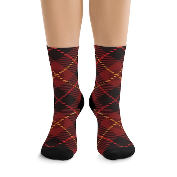 Red, Black & Gold Plaid Premium Crew Socks, One Size Fits Most