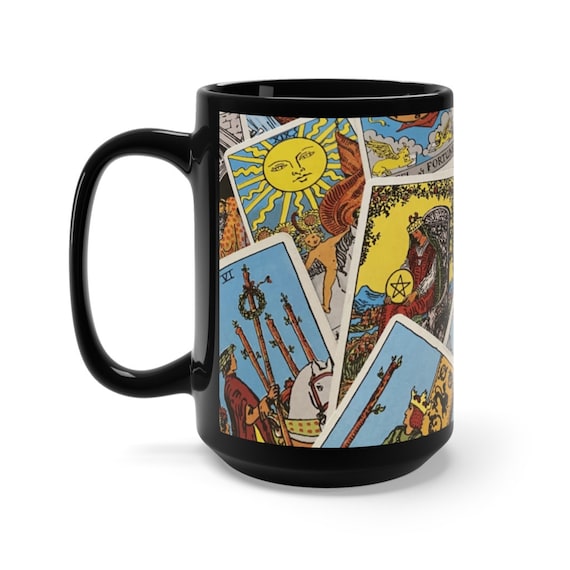 Tarot Card 15oz Black Ceramic Mug, Major & Minor Arcana From A Vintage Rider-Waite Deck, Coffee, Tea