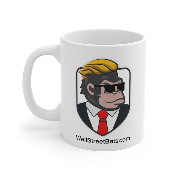 Wally The Ape White Ceramic Mug, 11oz & 15oz, WallStreetBets.com DEX Logo