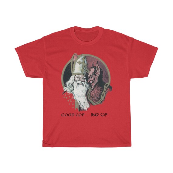 Good Cop, Bad Cop, Unisex Heavy Cotton T-shirt, Christmas, Santa Claus, Krampus, St. Nicholas, Humorous, Funny, XMAS Gift