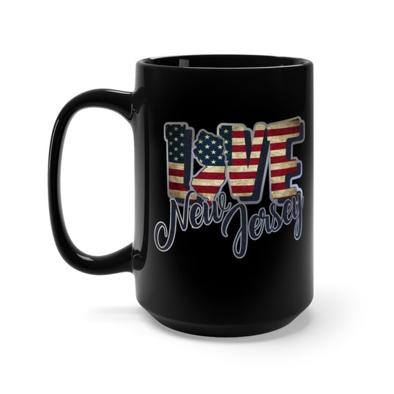 I Love New Jersey, Large Black Ceramic Mug, Vintage Retro Flag, Patriotic, Patriotism, United States, Coffee, Tea