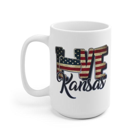 I Love Kansas, Large White Ceramic Mug, Vintage Retro Flag, Patriotic, Patriotism, United States, Coffee, Tea