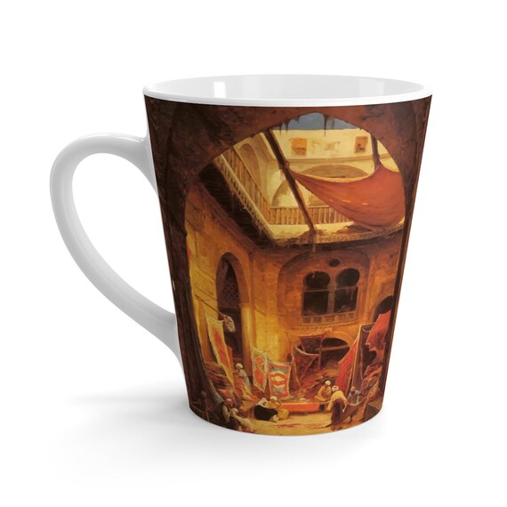 The Carpet Merchant, White 12oz Ceramic Latte Mug, Vintage Painting, Hermann Corrodi, 1905, Coffee, Tea