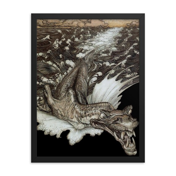 Leviathan, 18" x 24" Framed Giclée Poster, Black Wood Frame, Acrylic Covering, Arthur Rackham, Sea Dragon, Sea Monster