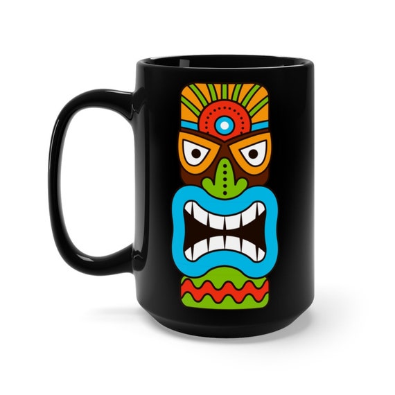 Tiki Mask 15oz Black Ceramic Mug, Retro, Vintage, Polynesia