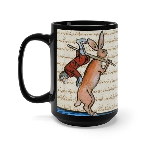 Medieval Hunter Rabbit v2 Black 15oz Ceramic Mug, From Medieval Manuscript, Marginalia, Coffee, Tea