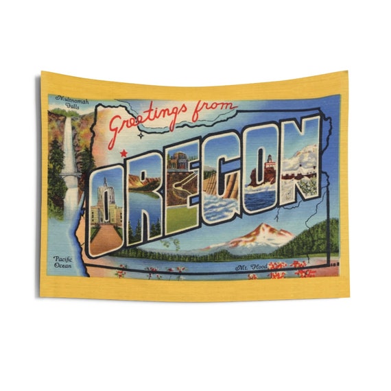 Greetings From Oregon, 36"x26" Indoor Wall Tapestry, Vintage Postcard From 1938, Wall Decor, Room Decor