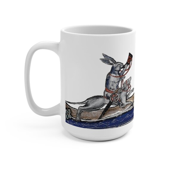 Medieval Rabbit Riding A War Dog White 15oz Ceramic Mug, From Medieval Manuscript, Marginalia, Coffee, Tea