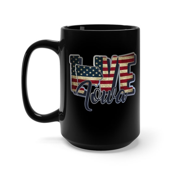 I Love Iowa, Large Black Ceramic Mug, Vintage Retro Flag, Patriotic, Patriotism, United States, Coffee, Tea