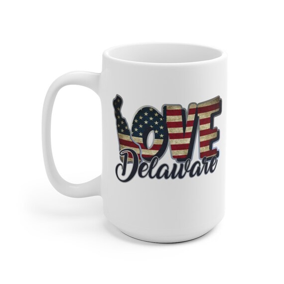 I Love Delaware, Large White Ceramic Mug, Vintage Retro Flag, Patriotic, Patriotism, United States, Coffee, Tea