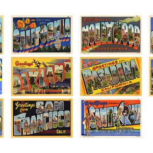 11 cartes postales californiennes - images numériques d'antiquités vintage, grandes lettres, cartes postales « Salutations de », vers 1933-1950, Americana, Nostalgia