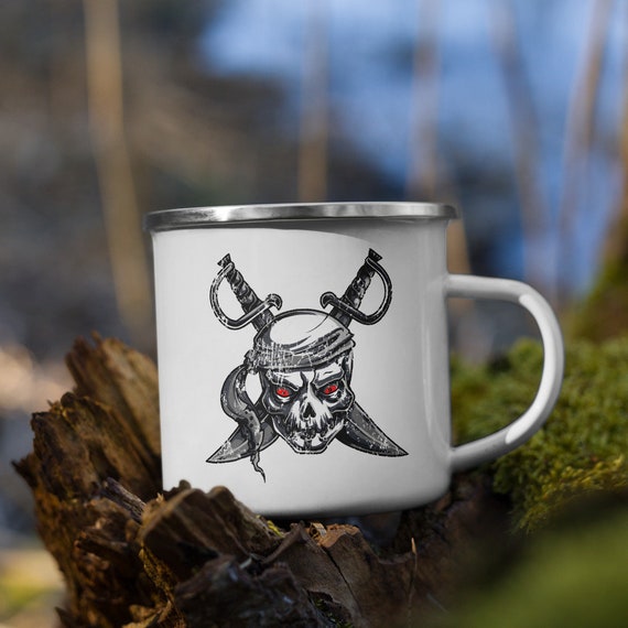 Grunge Pirate Skull Enamel Mug, Crossed Cutlasses, Red Eyes, Distressed Image, Coffee, Tea