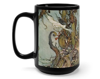 Davy Jones Locker, Black 15oz Ceramic Mug, Little Mermaid, Kraken, Vintage Illustration, Edmund Dulac, 1911, Coffee, Tea