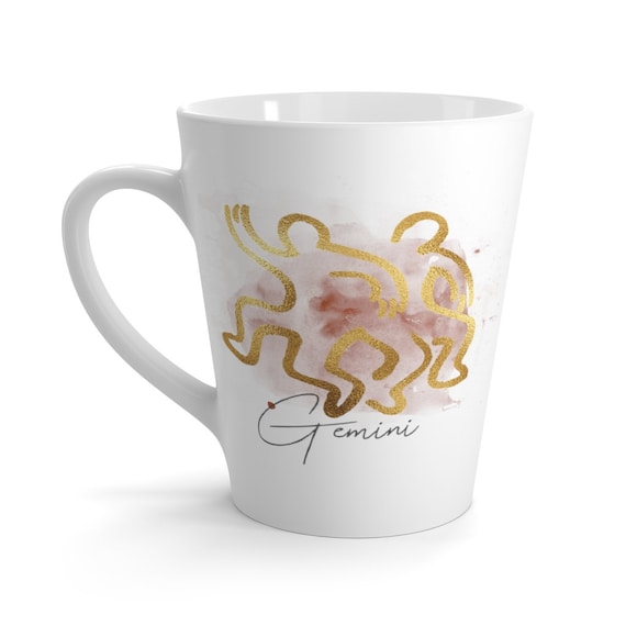 Gemini 12oz White Ceramic Latte Mug, Zodiac, Astrology Gift, Art Deco, Coffee, Tea