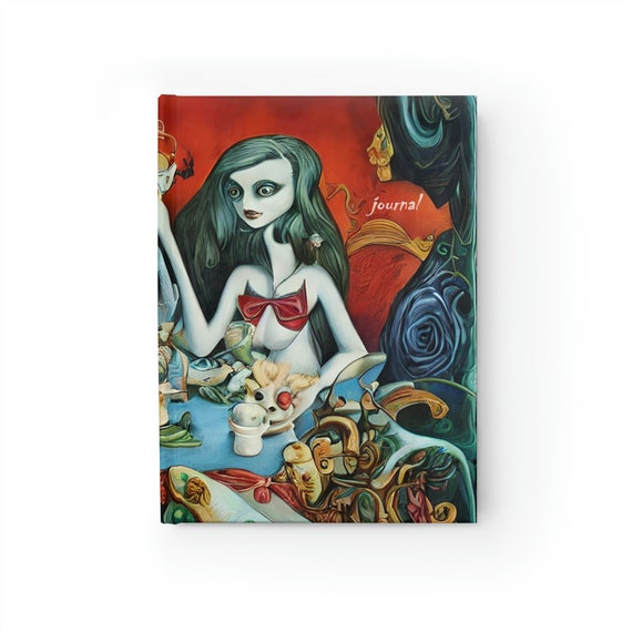 Alice At The Tea Party, Hardcover Journal, Ruled Lines, Surreal, White Rabbit, Wonderland, AI, Artificial Intelligence