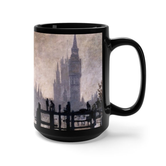 The Thames below Westminster Large Black Ceramic Mug, Claude Monet, Coffee, Tea