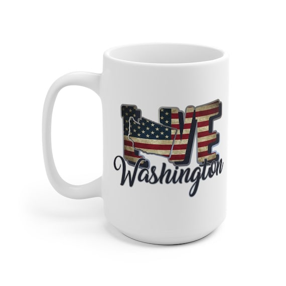 I Love Washington, Large White Ceramic Mug, Vintage Retro Flag, Patriotic, Patriotism, United States, Coffee, Tea