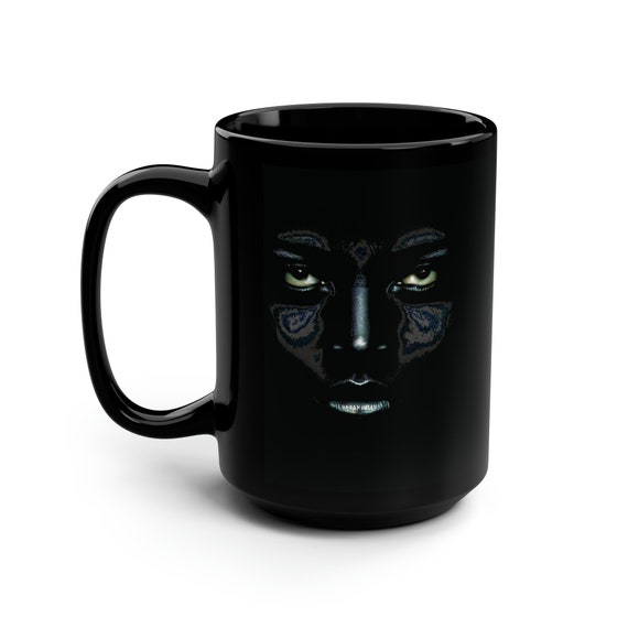 The Abyss Stares Back, Black 15oz Ceramic Mug, Surreal, Tribal, Primitive, Pagan, Animist, Spirit, Spiritual, Friedrich Nietzsche