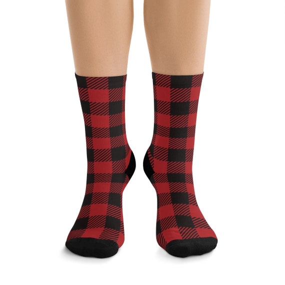 Red & Black Checkered Premium Crew Socks, One Size Fits Most