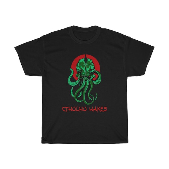 Cthulhu Wakes Black Heavy Cotton T-shirt, Up To 5XL, Inspired By H.P. Lovecraft's Mythos