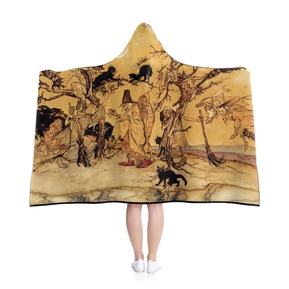 Black Cats & Witches, 80"x56" Hooded Blanket, Halloween, Arthur Rackham, 1920