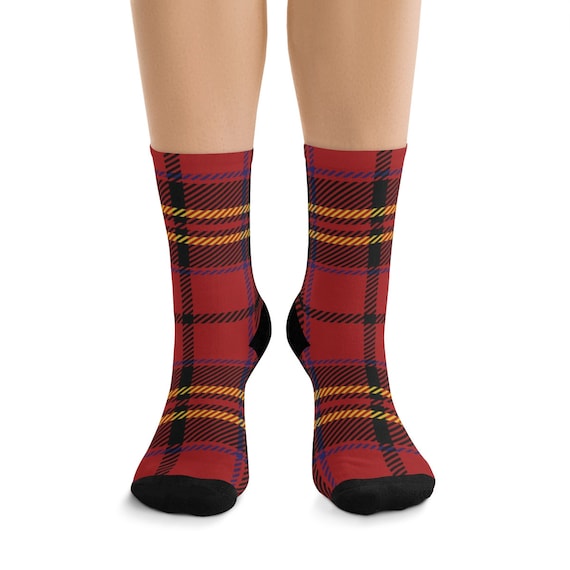 Red & Gold Plaid Premium Crew Socks, One Size Fits Most