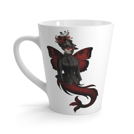 Red Victorian Butterfly Mermaid White Ceramic Latte Mug, Monty Python Animation Style