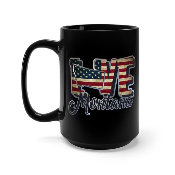 I Love Montana, Large Black Ceramic Mug, Vintage Retro Flag, Patriotic, Patriotism, United States, Coffee, Tea