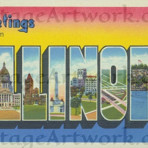 Greetings From Illinois Postcard Front, Digital Download, Curt Teich & Co. Publisher, 1938, Americana