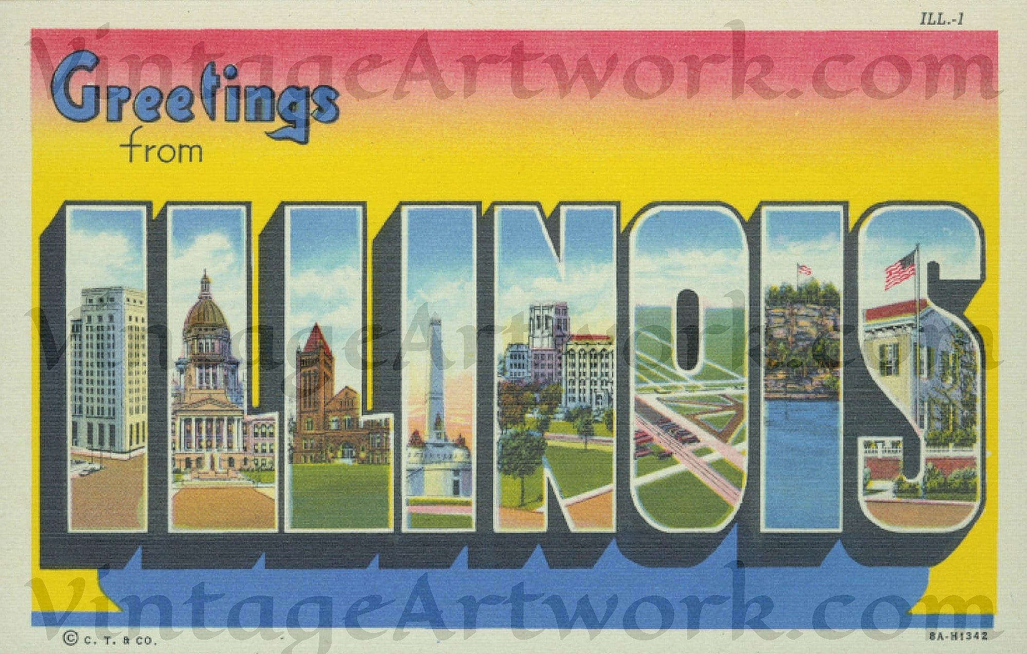 Greetings From Illinois Postcard Front, Digital Download, Curt Teich